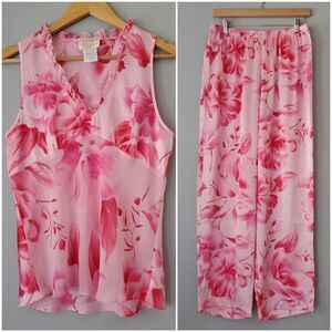 Inner Most Pink Floral 2-Piece Vintage Lightweight Satin Pajamas Womens Medium